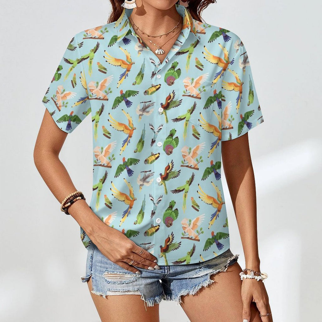 Parrots Women's Short-Sleeve Button Up Shirt Women's Short-Sleeve Button Up Shirt animal Birds Printed Offshore
