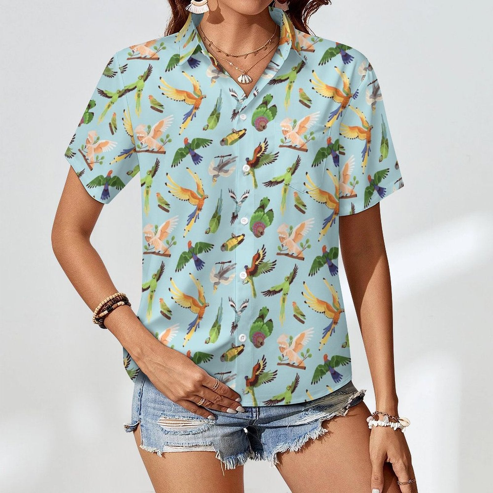 Parrots Women's Short-Sleeve Button Up Shirt Women's Short-Sleeve Button Up Shirt animal Birds Printed Offshore