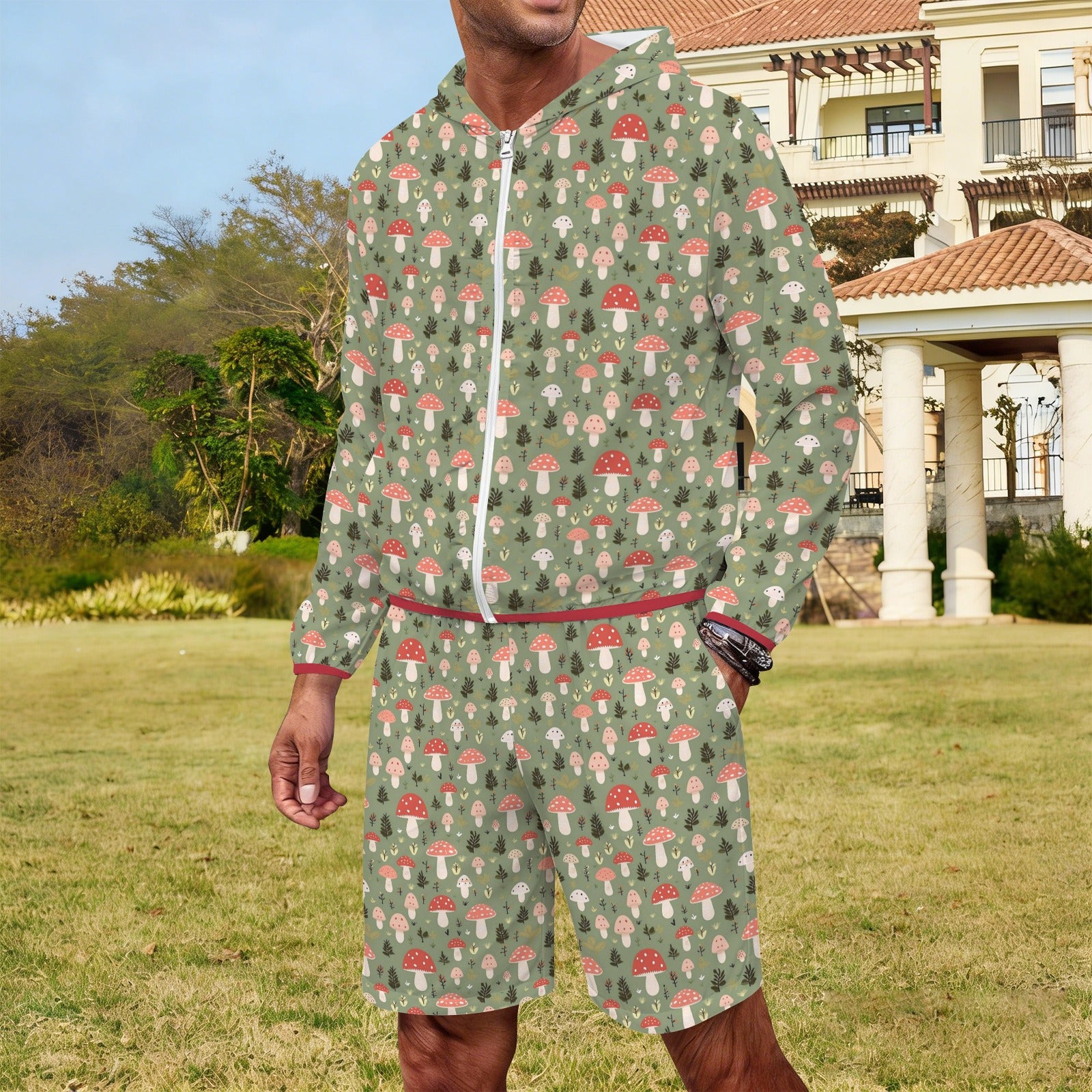 Mushroom Garden Men's Lightweight Sun Hoodie & Shorts Set Men's Lightweight Sun Hoodie & Shorts Plants Printed Offshore