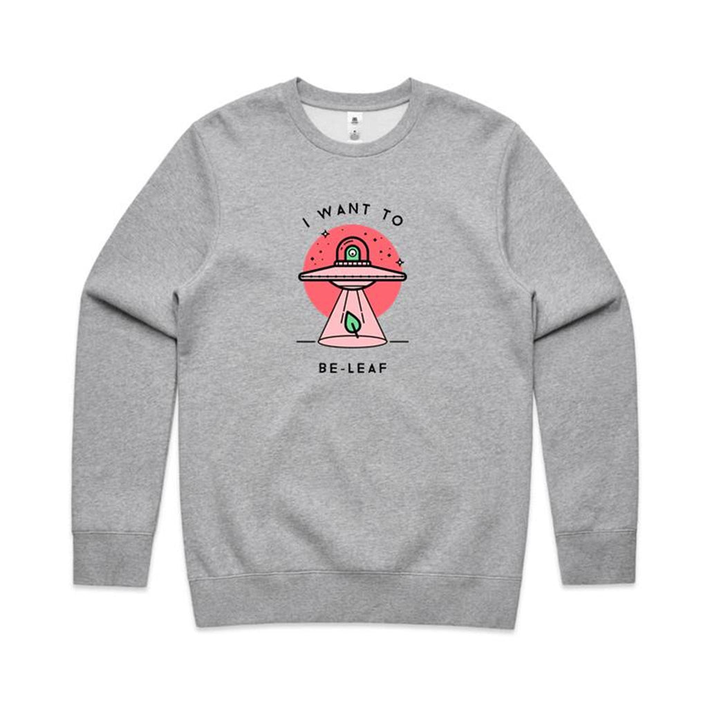 I Want To Be-Leaf, UFO - AS Colour Stencil Crew Grey Marle Sweatshirt Printed In Australia Sci Fi