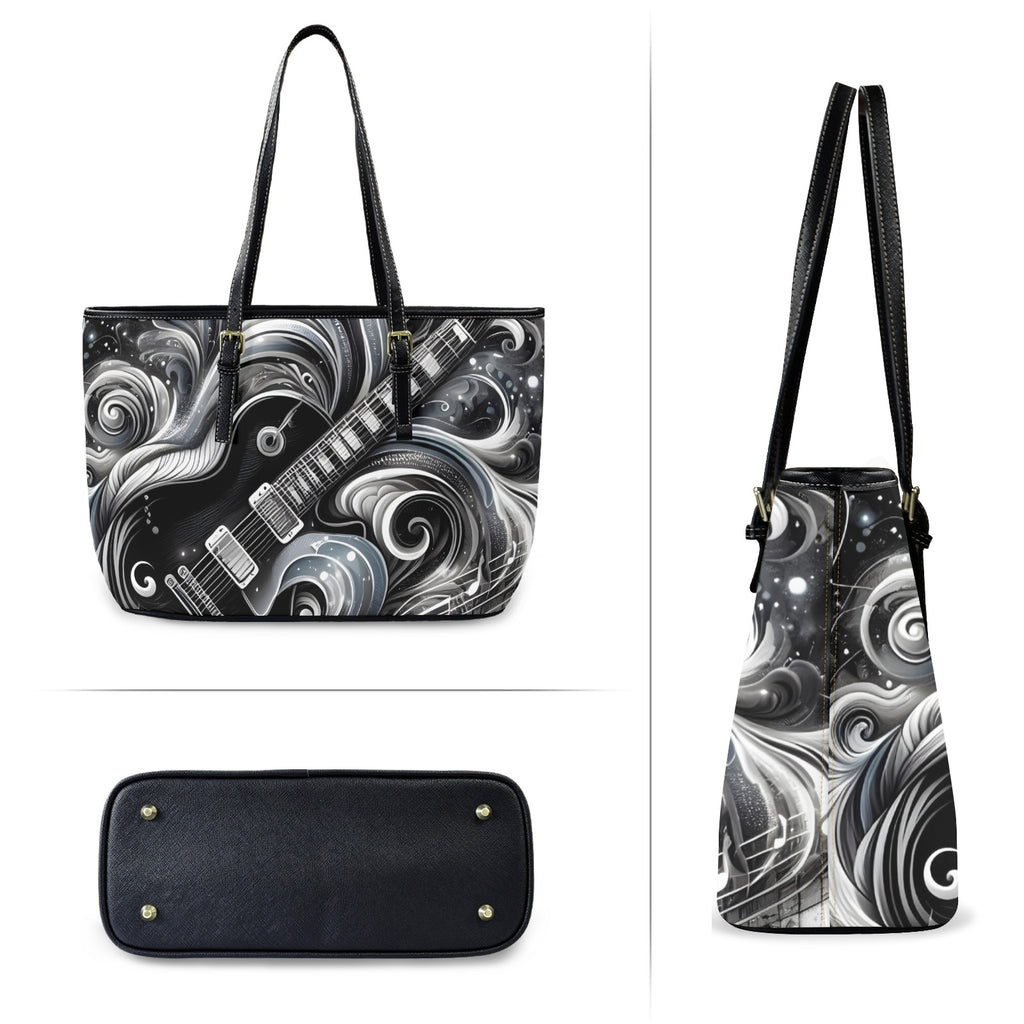 Guitar Black Swirl PU Leather Tote Bag Large Leather Tote Bag-Large Music Printed Offshore