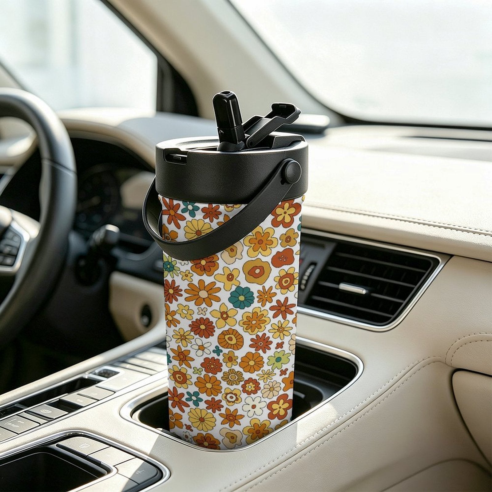 70's Style Floral 20oz Tea Tumbler with Carry Handle