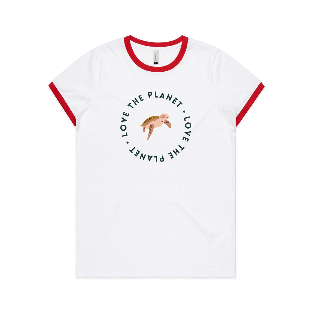 Love The Planet, Turtle - Women's Ringer Tee White Red