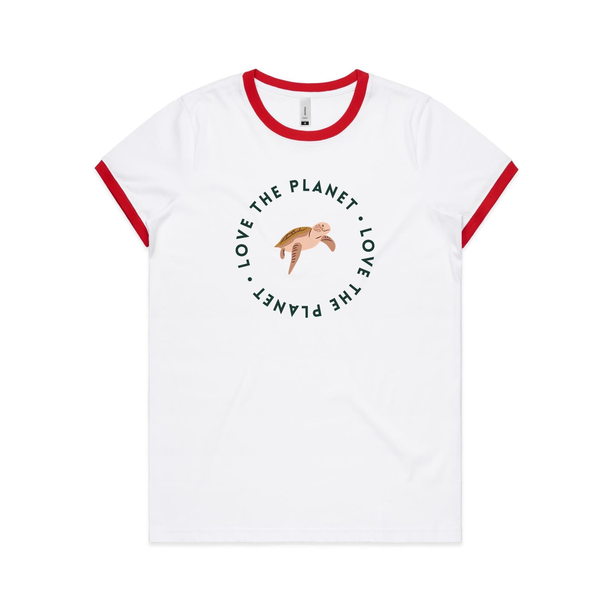 Love The Planet, Turtle - Women's Ringer Tee White Red