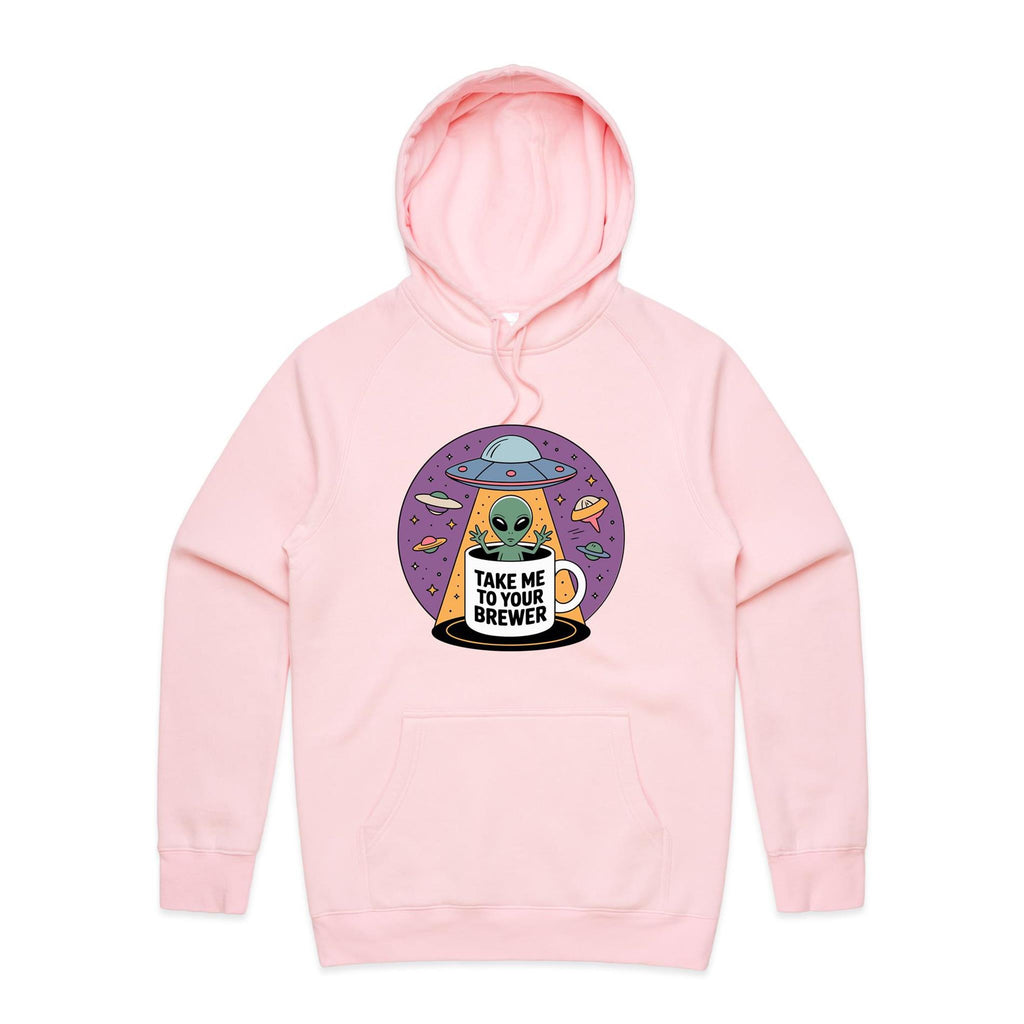 Coffee, Alien, UFO, Take Me To Your Brewer Men's AS Colour Hoodie Pink Mens Hoodie Coffee Printed In Australia Sci Fi