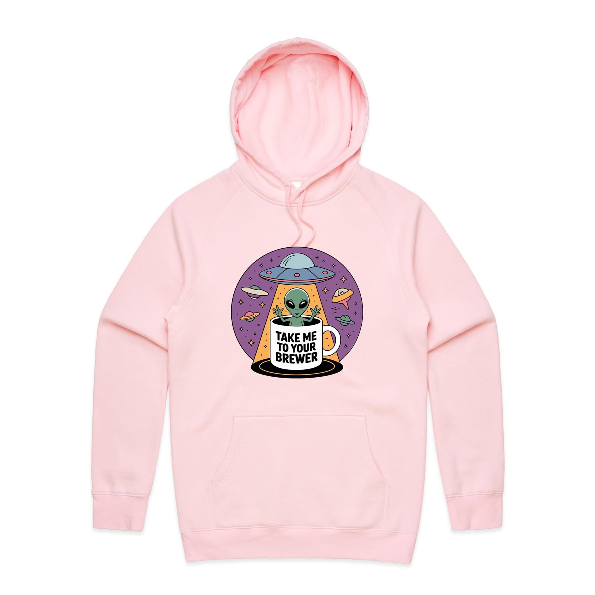 Coffee, Alien, UFO, Take Me To Your Brewer Men's AS Colour Hoodie Pink Mens Hoodie Coffee Printed In Australia Sci Fi