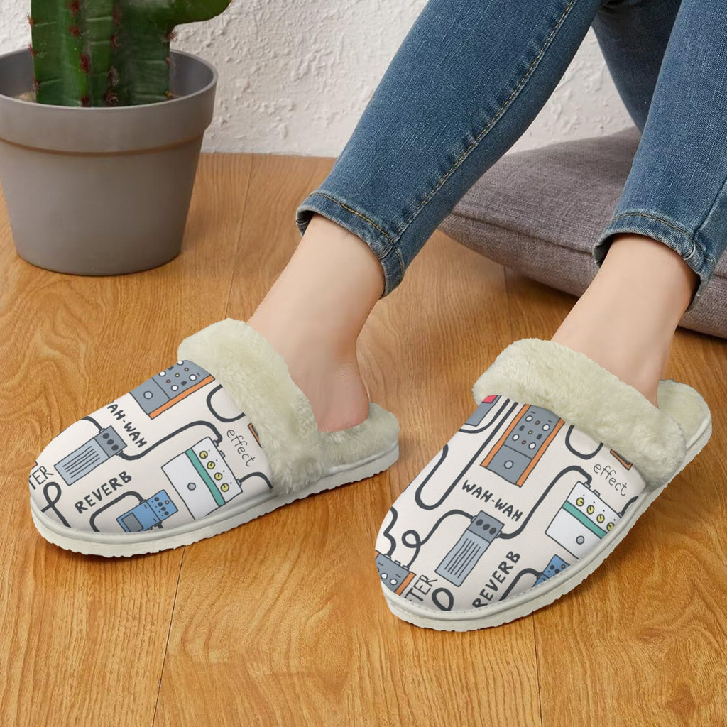 Wah Pedal Women's Fur Trim Thick-Sole Indoor Slippers Women's Fur Trimmed Slippers Music Printed Offshore