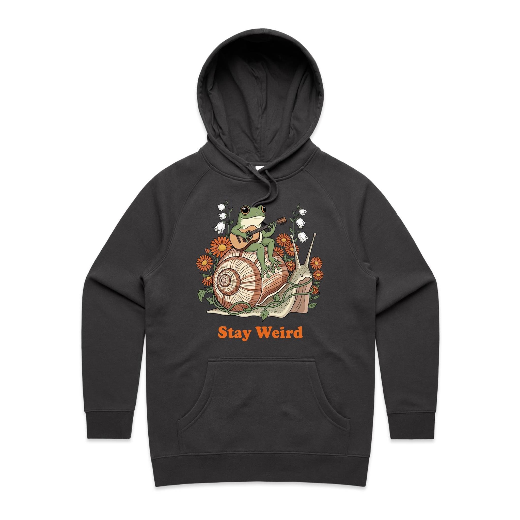 Stay Weird, Guitar Playing Frog On A Snail Women's AS Colour Hoodie Coal Womens Hoodie animal Music Printed In Australia