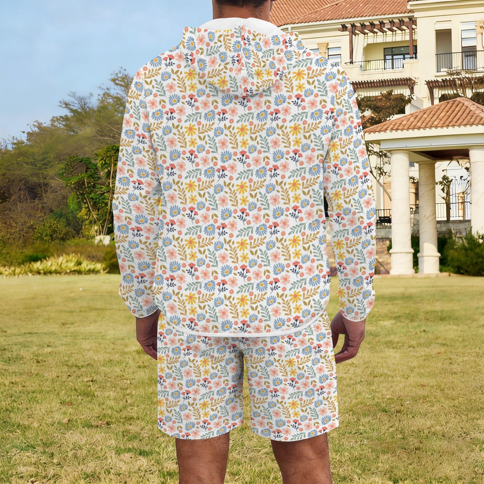 Boho Flowers And Leaves Men's Lightweight Sun Hoodie & Shorts Set Men's Lightweight Sun Hoodie & Shorts Plants Printed Offshore