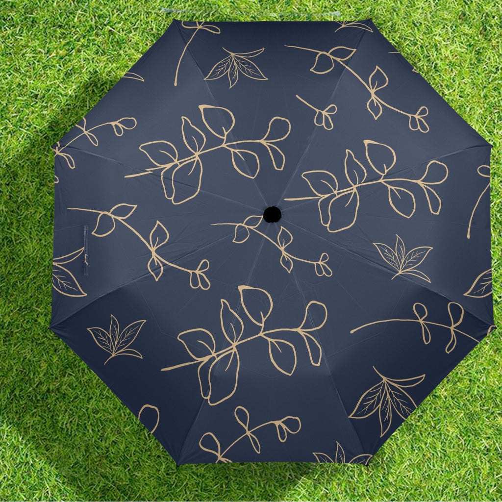 Gold Flowers On Navy - Semi-Automatic Foldable Umbrella (Model U12) Semi-Automatic Foldable Umbrella (U12)