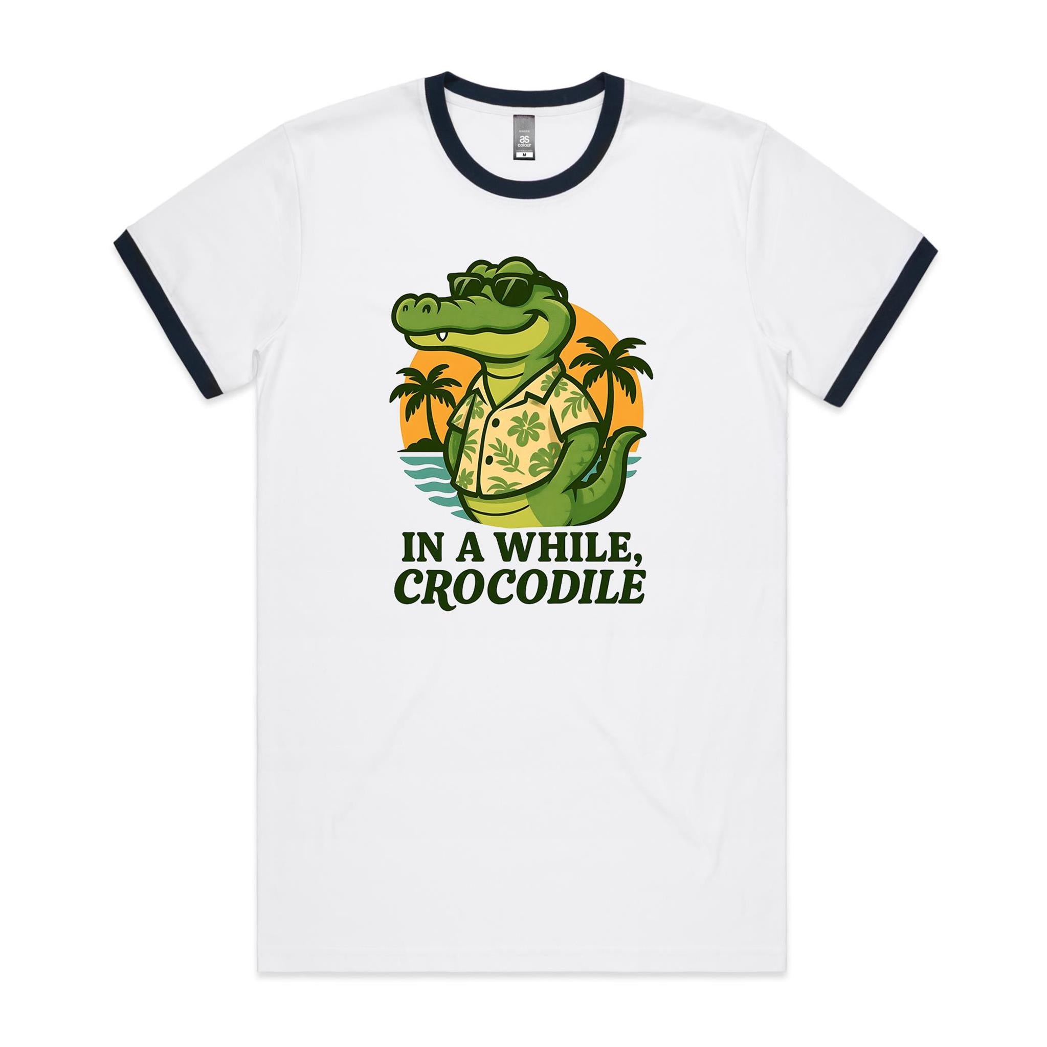 In A While, Crocodile AS Colour Staple Ringer Tee White Navy Ringer T-Shirt animal Printed In Australia