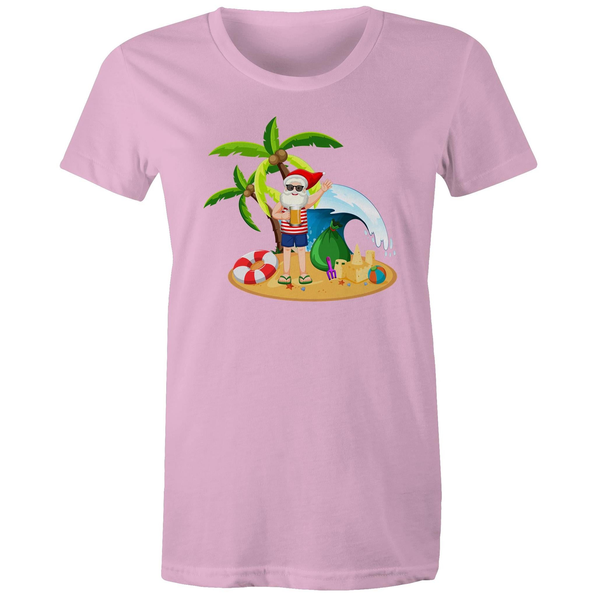 Summer Surf Santa - Womens T-shirt Pink Womens Christmas T-shirt Christmas Printed In Australia