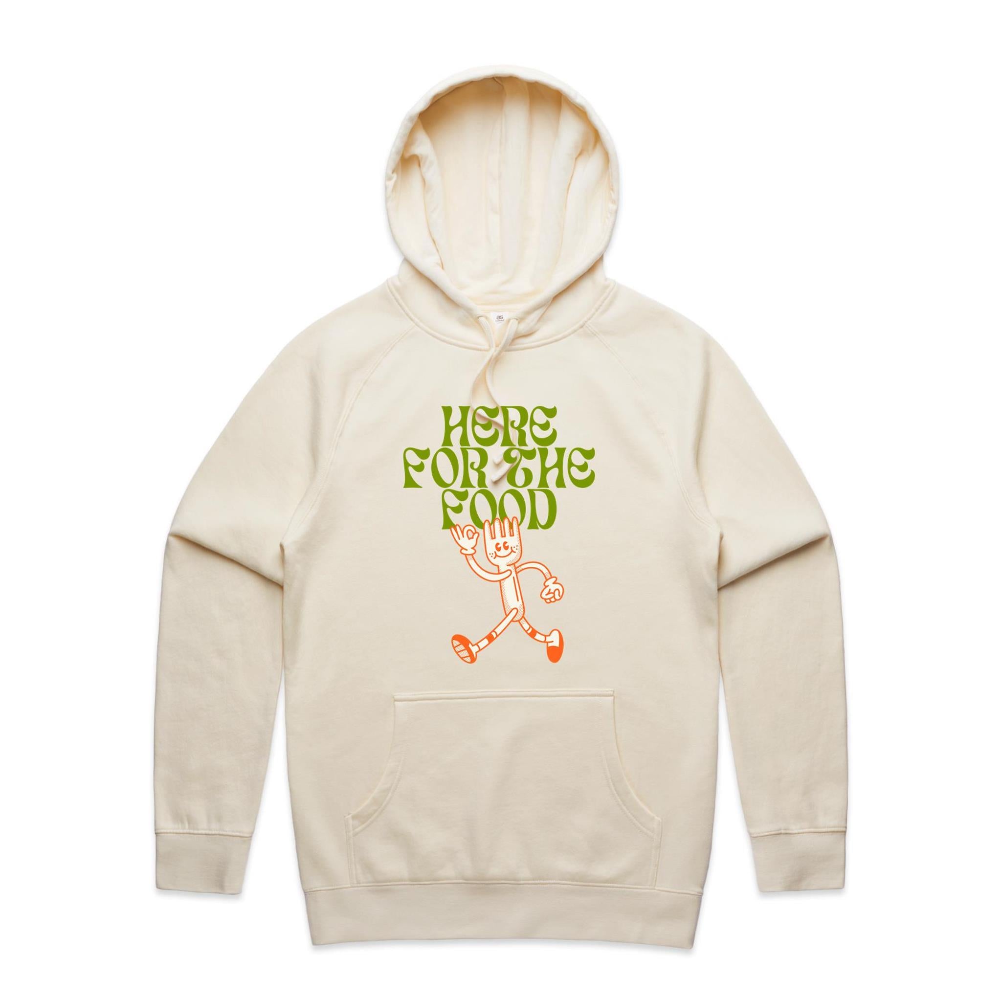 Here For The Food - Mens Hoodie Ecru Mens Hoodie Food Printed In Australia