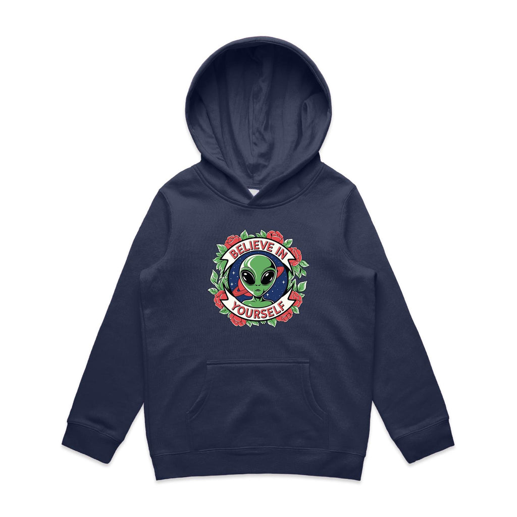 Believe In Yourself, Alien - Kids Hoodie Midnight Blue Kids Hoodie Motivation Positivity Printed In Australia Sci Fi