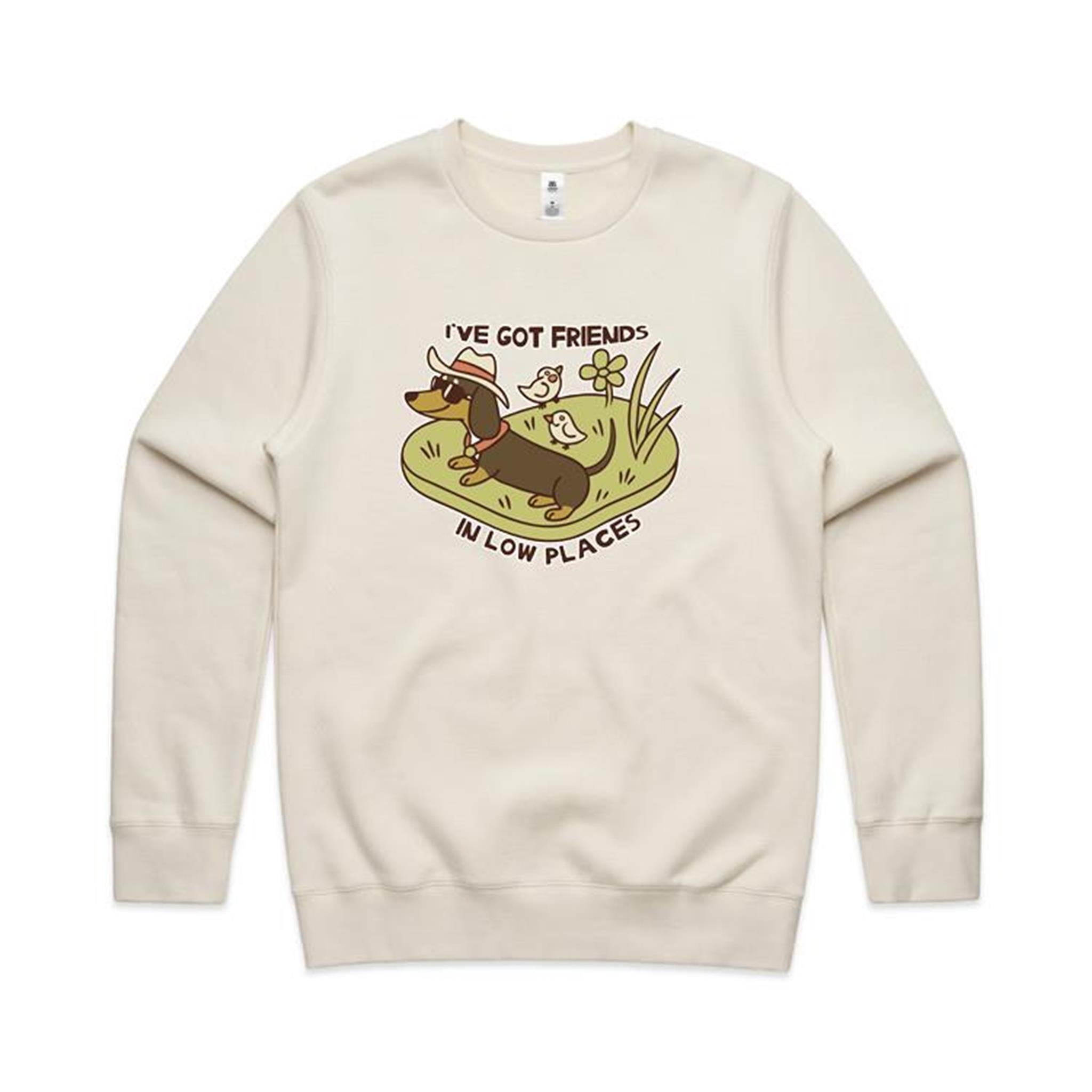 Dachshund, I've Got Friends In Low Places AS Colour Stencil Crew Sweatshirt Unisex Ecru Sweatshirt animal Printed In Australia