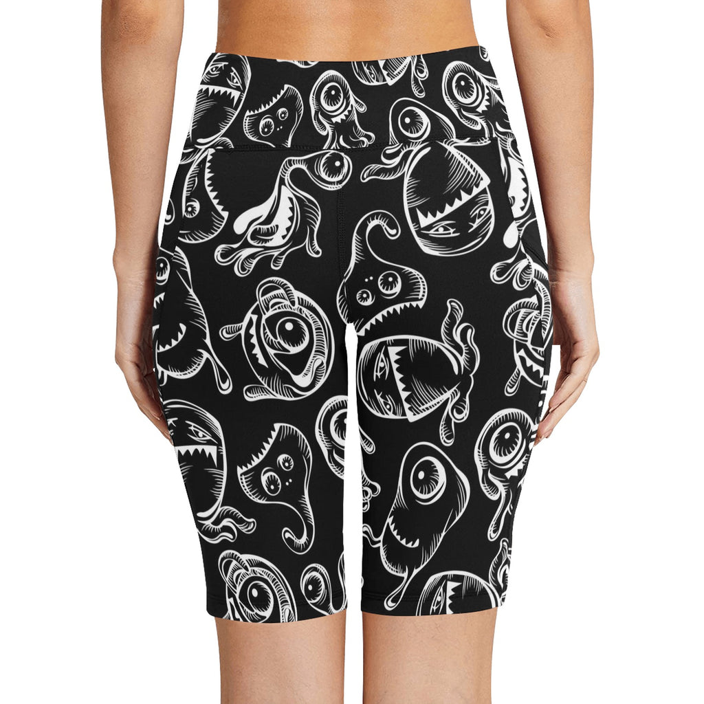 Monsters In Black And White Women's Bike Shorts With Side Pockets Women's Bike Shorts Printed Offshore Sci Fi