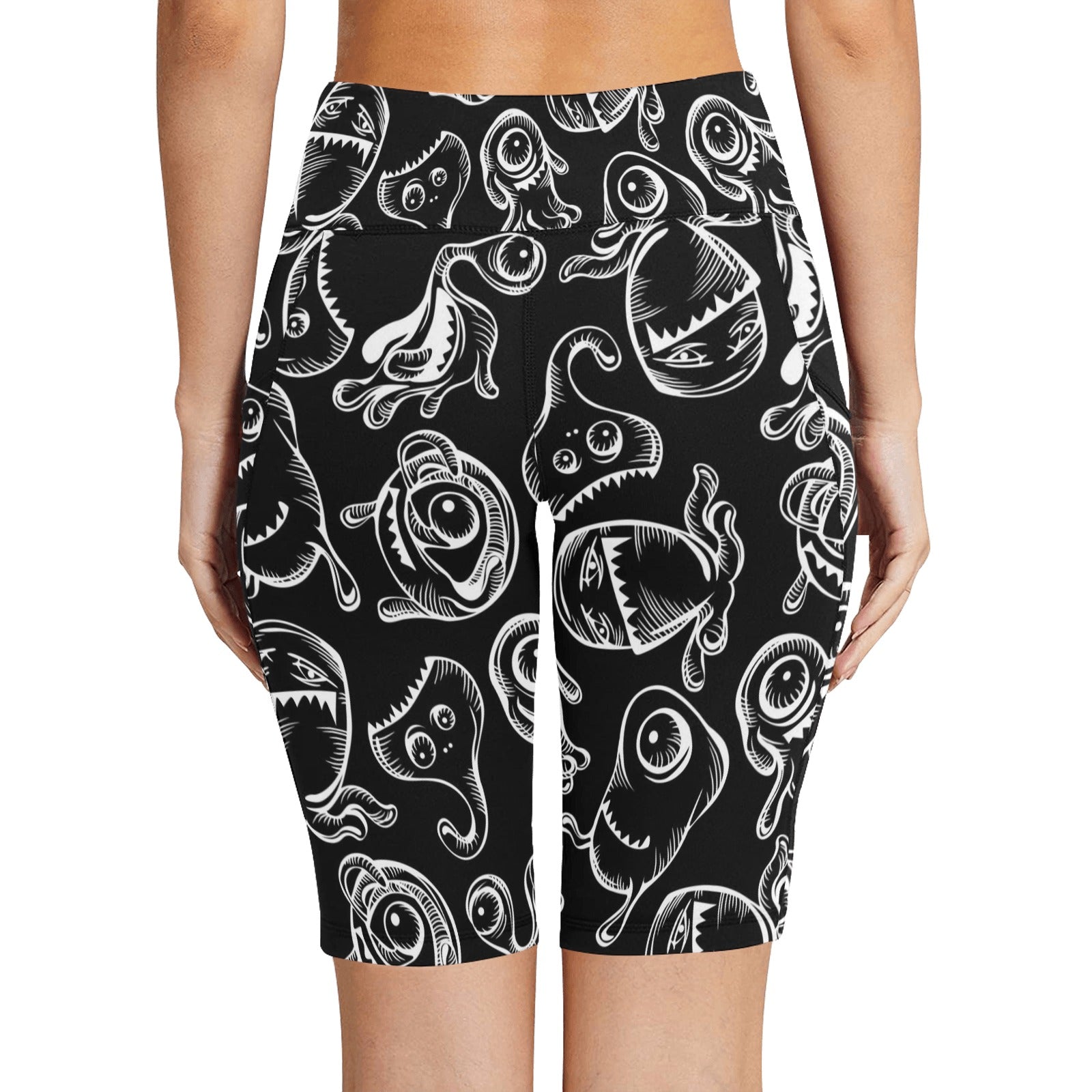 Monsters In Black And White Women's Bike Shorts With Side Pockets Women's Bike Shorts Printed Offshore Sci Fi