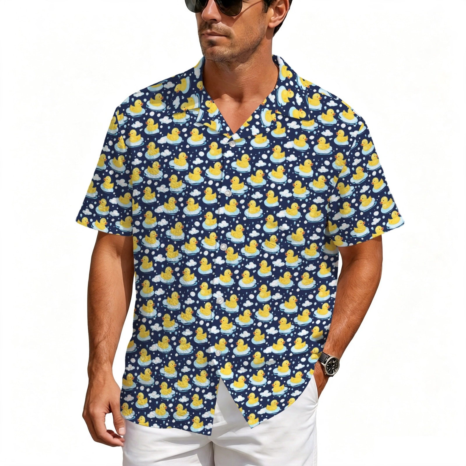 Rubber Ducks On Dark Men's Crinkle Hawaiian Shirt