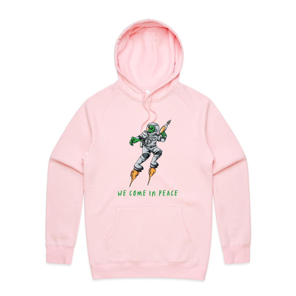 Alien Invasion, We Come In Peace - Mens Hoodie Pink Mens Hoodie Printed In Australia Sci Fi