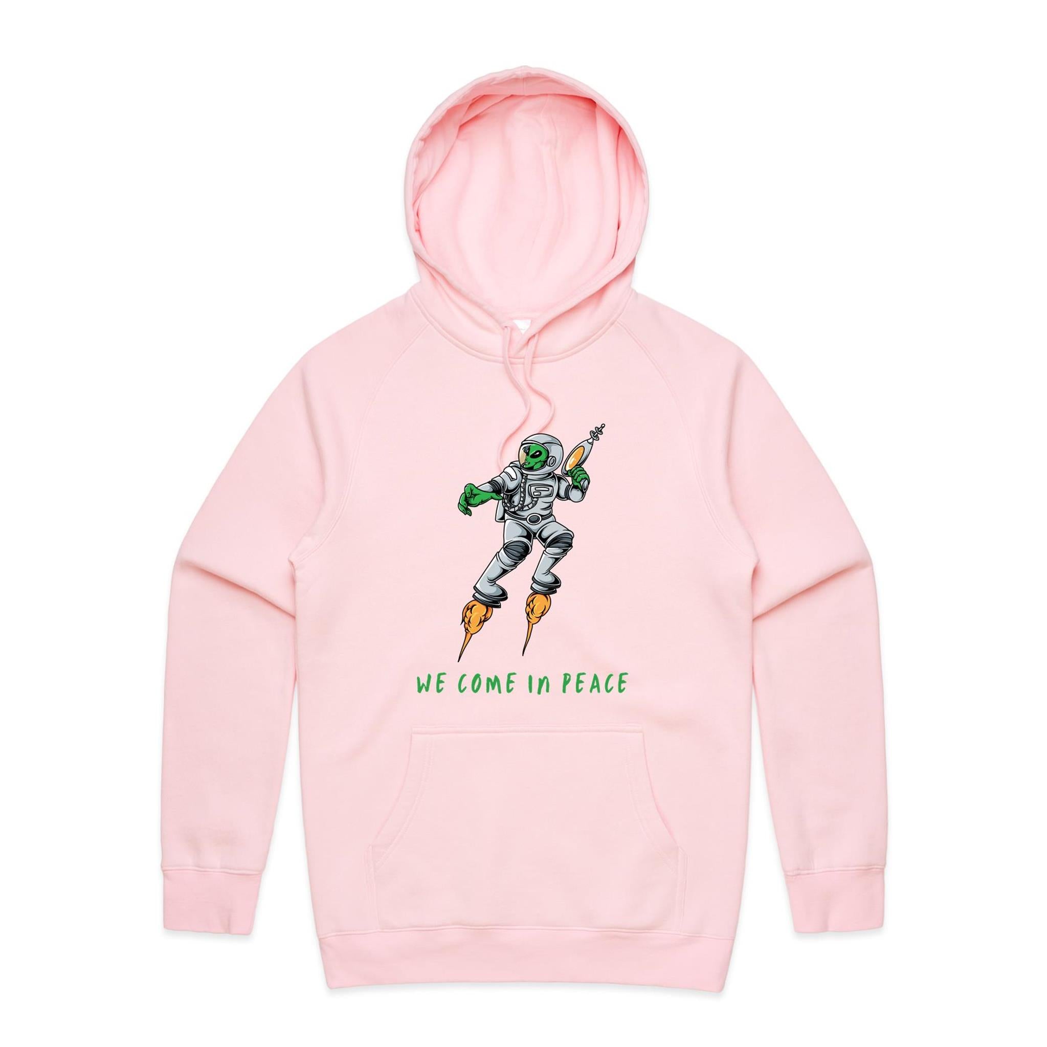 Alien Invasion, We Come In Peace - Mens Hoodie Pink Mens Hoodie Printed In Australia Sci Fi