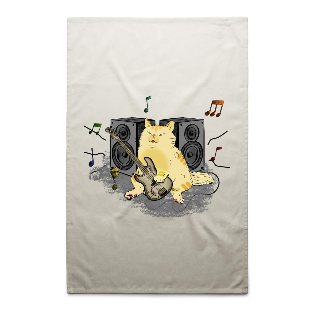 Cat Bass Player - AS Colour Tea Towel Cream One Size Tea Towel animal Music Printed In Australia