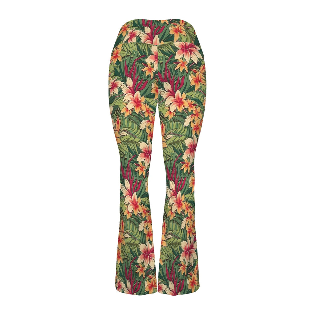 Vintage Hawaiian Floral High Waist Crossover Tummy Control Flare Leggings High Waist Flare Leggings Plants Printed Offshore