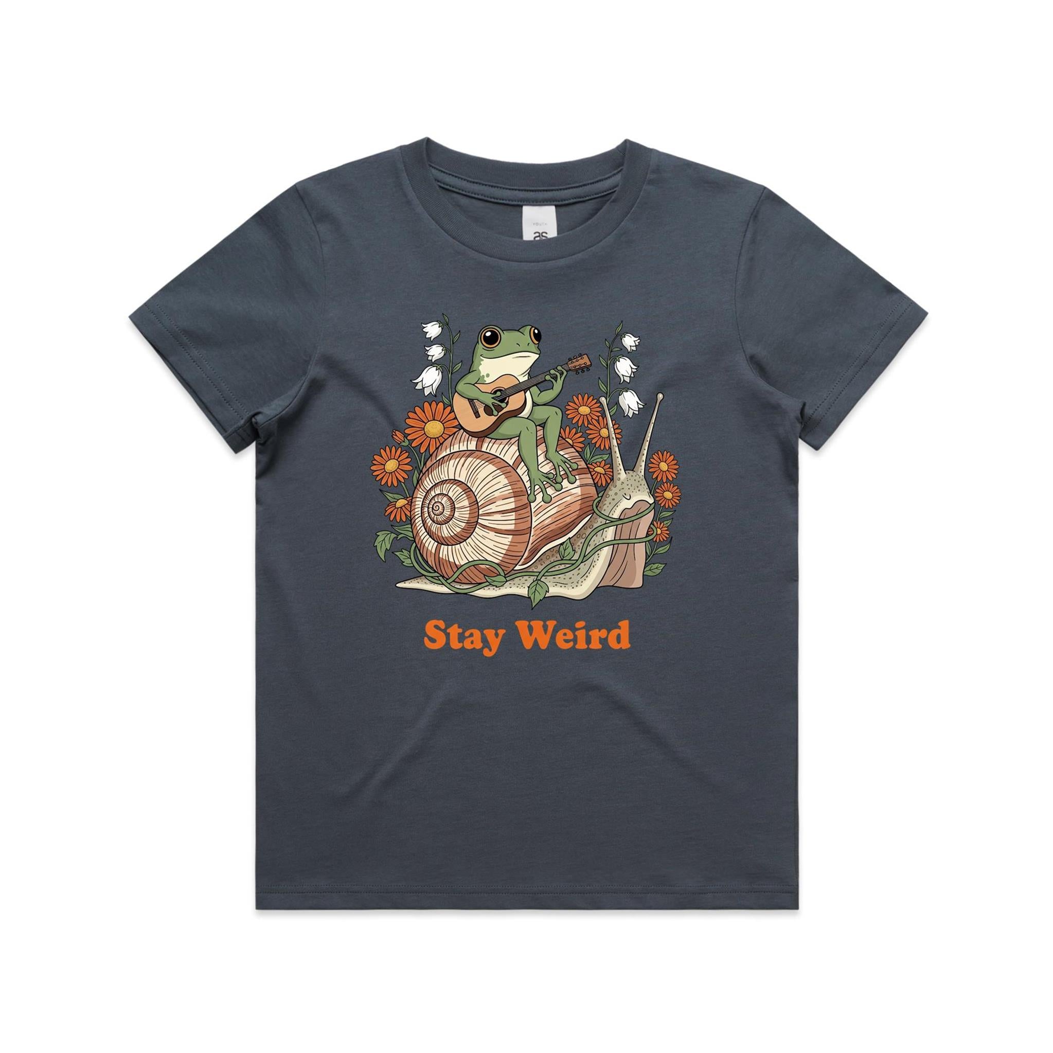 Stay Weird, Guitar Playing Frog On A Snail Kid's AS Colour T-shirt Petrol blue Kids Youth T-shirt animal Music Printed In Australia