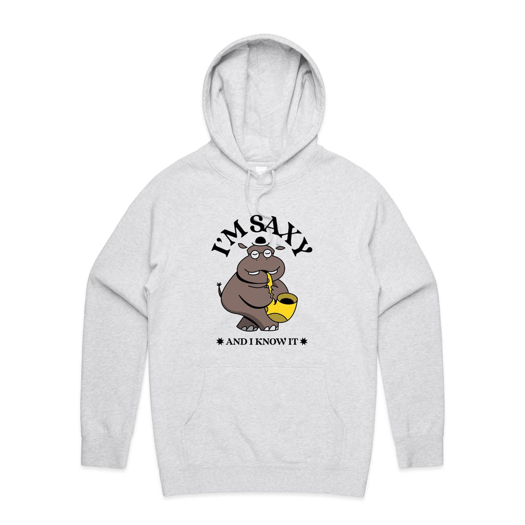 I'm Saxy And I Know It, Hippo Saxophone Player - Mens Hoodie White Marle Mens Hoodie animal Music Printed In Australia