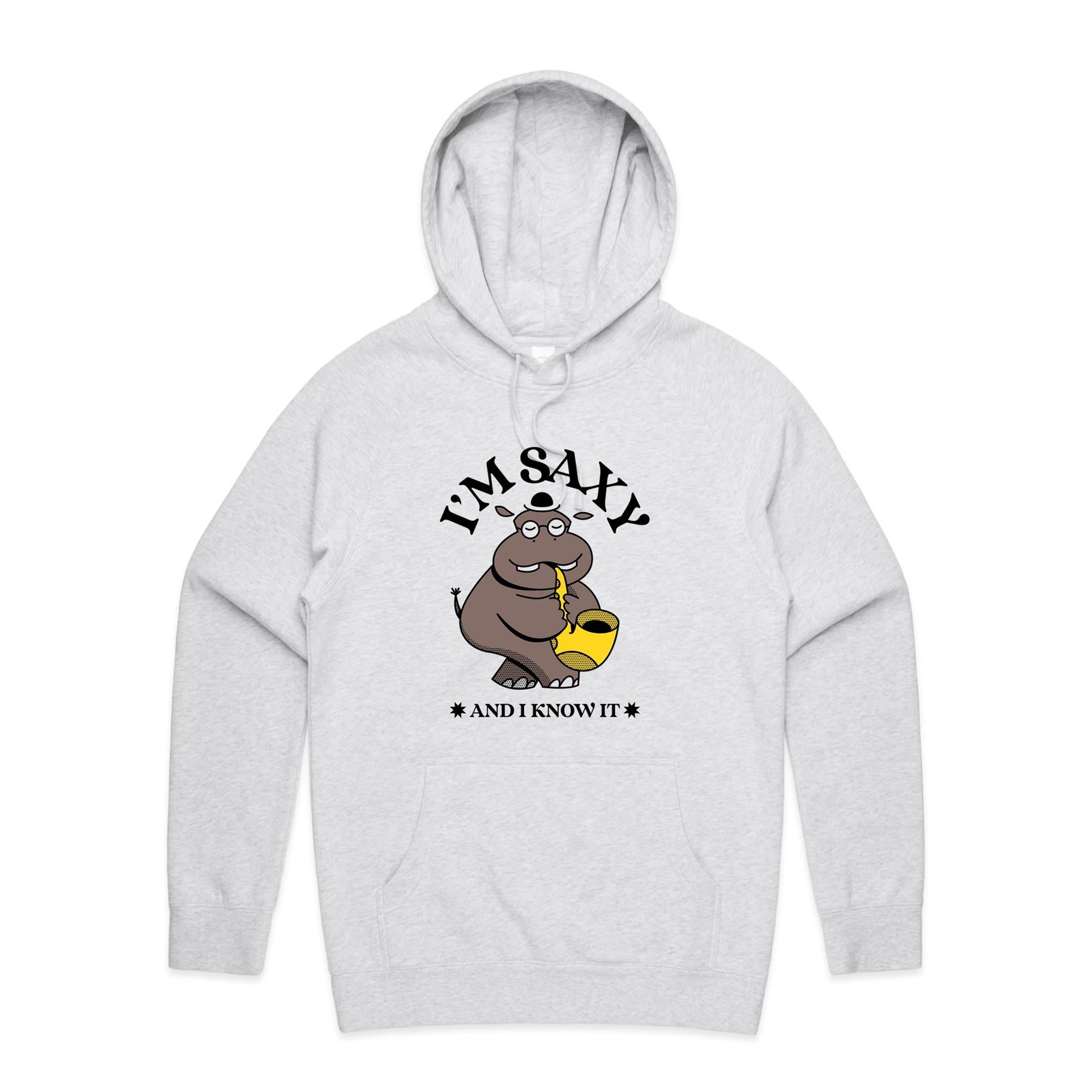 I'm Saxy And I Know It, Hippo Saxophone Player - Mens Hoodie White Marle Mens Hoodie animal Music Printed In Australia