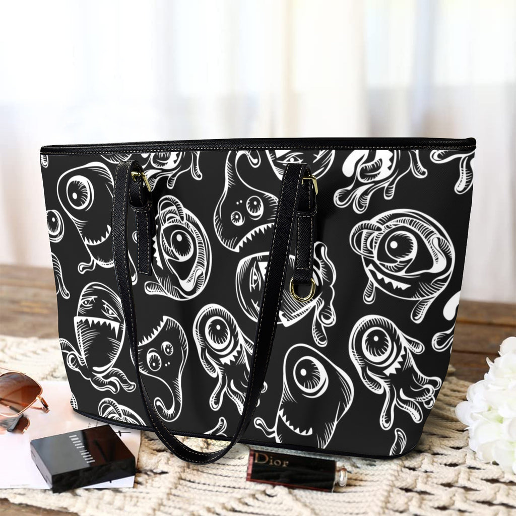 Monsters In Black And White - Leather Tote Bag-Large