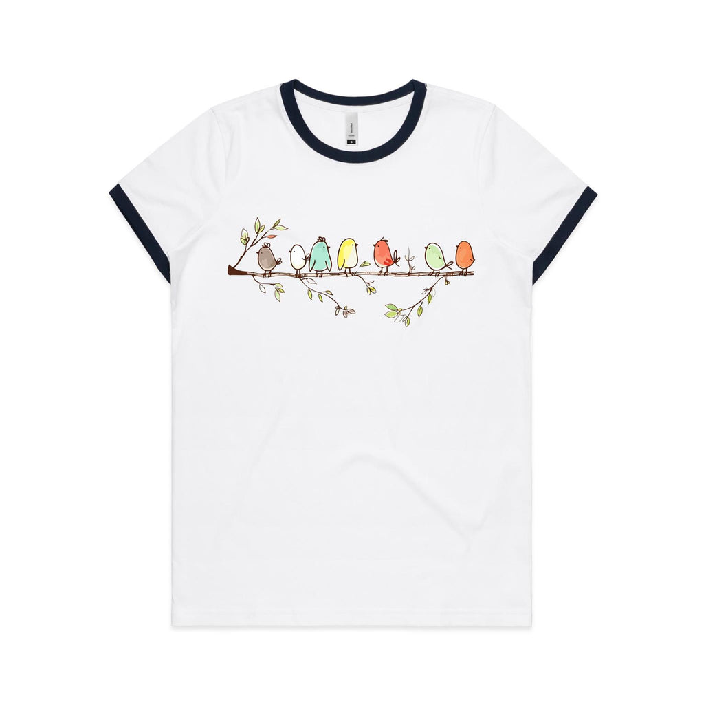 Birds On A Branch - Women's Ringer Tee White Navy Womens Ringer T-shirt animal Printed In Australia