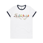 Birds On A Branch - Women's Ringer Tee White Navy Womens Ringer T-shirt animal Printed In Australia