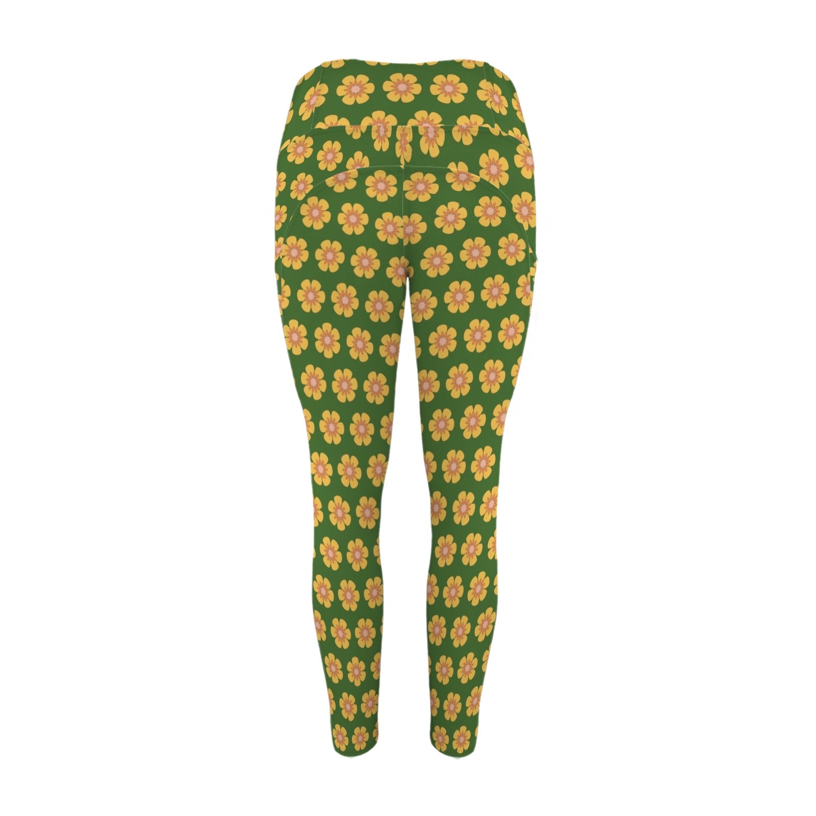 Yellow Flowers On Green Women's High Waist Pockets Yoga Leggings