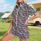 Graphic Flowers On Black Women's Windbreaker Short Set Women's Windbreaker Short Set Plants Printed Offshore