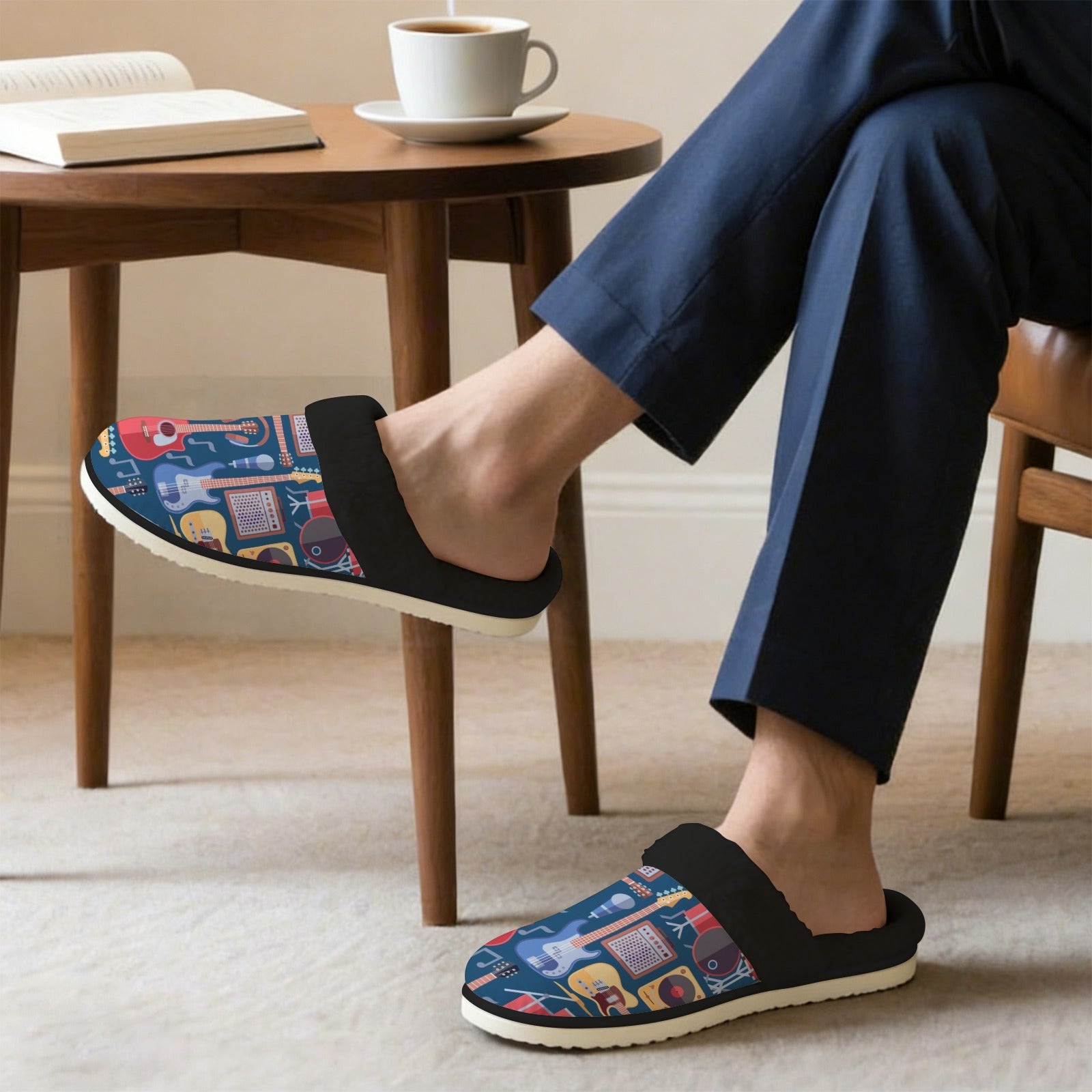 Music Instruments - Men's Fur Trim Thick-Sole Indoor Slippers Men's Fur Trimmed Slippers Music Printed Offshore