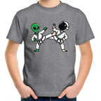 Alien And Astronaut Karate - Kids Youth T-Shirt Grey Marle Kids Youth T-shirt Printed In Australia Sci Fi Space