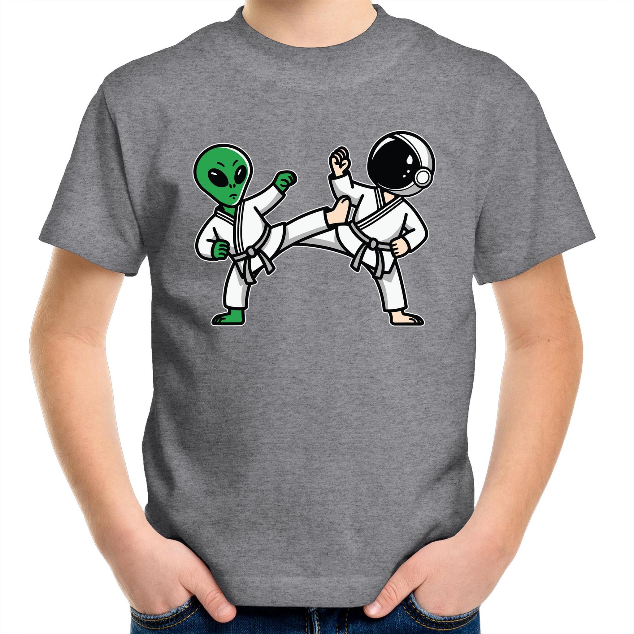 Alien And Astronaut Karate - Kids Youth T-Shirt Grey Marle Kids Youth T-shirt Printed In Australia Sci Fi Space
