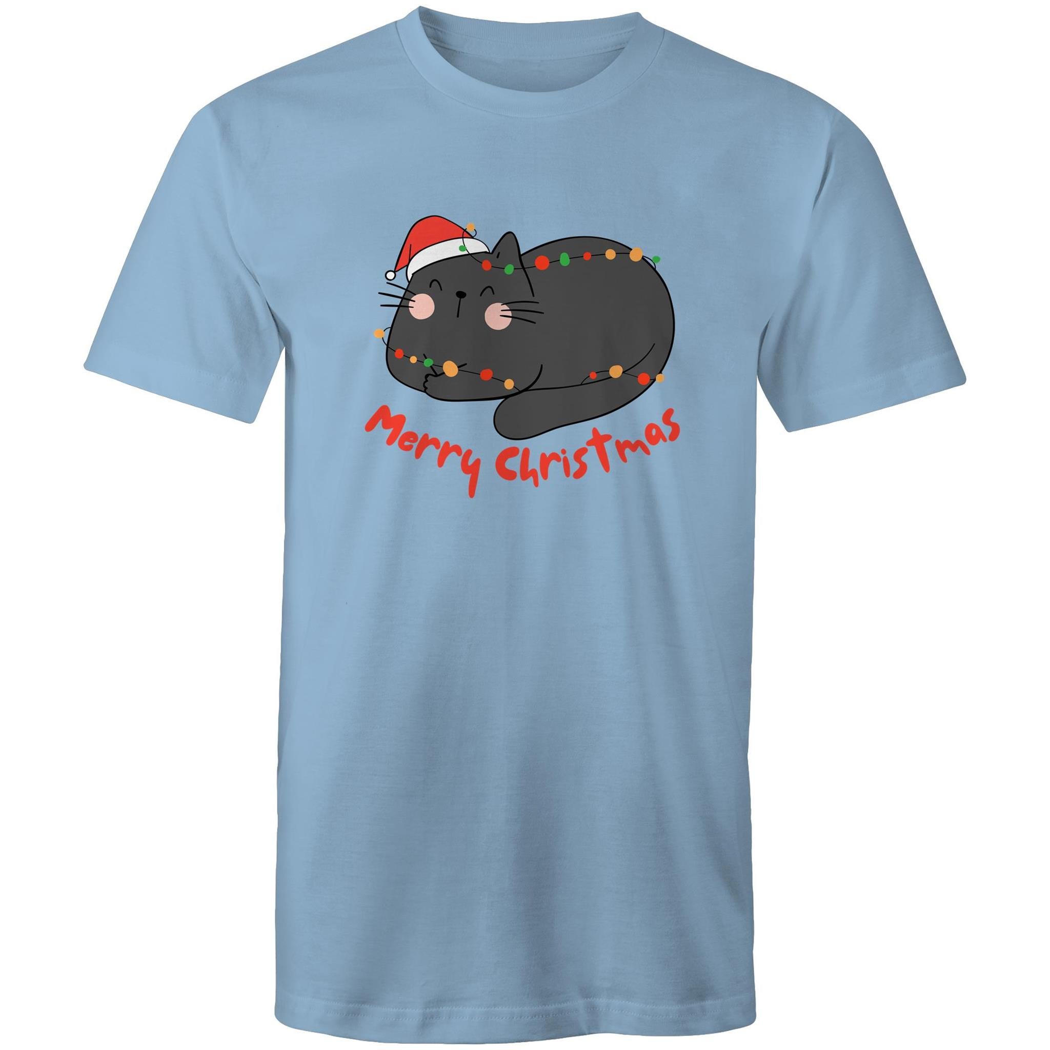 Merry Christmas Cat - Mens T-Shirt Carolina Blue Mens Christmas T-shirt Christmas Printed In Australia