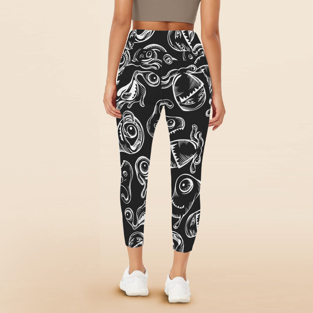 Monsters In Black And White - Women's High Waist Pockets Yoga Leggings