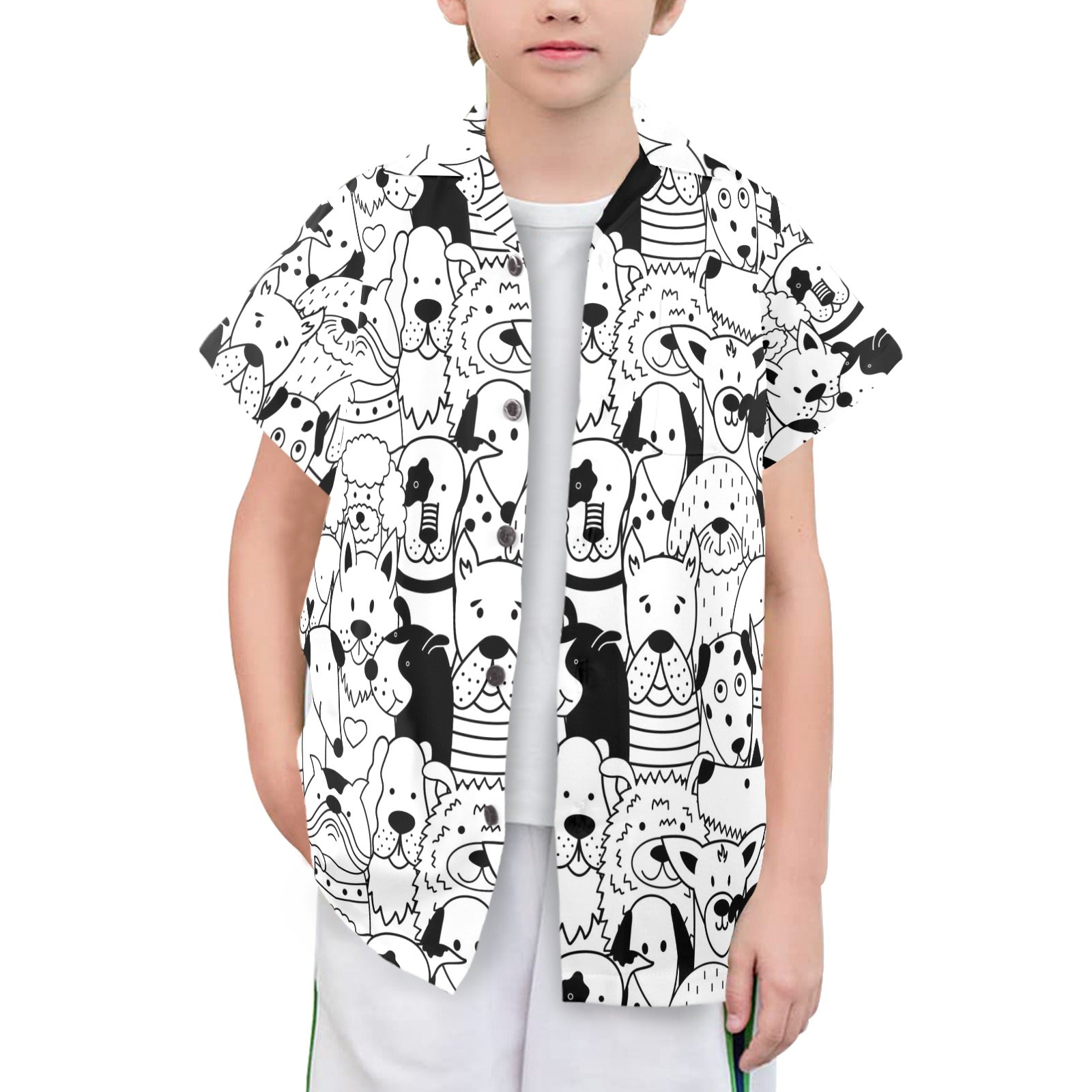 Black And White Dogs Senior Kids Hawaiian Shirt Senior Kids Hawaiian Shirt 8-15 animal Printed Offshore
