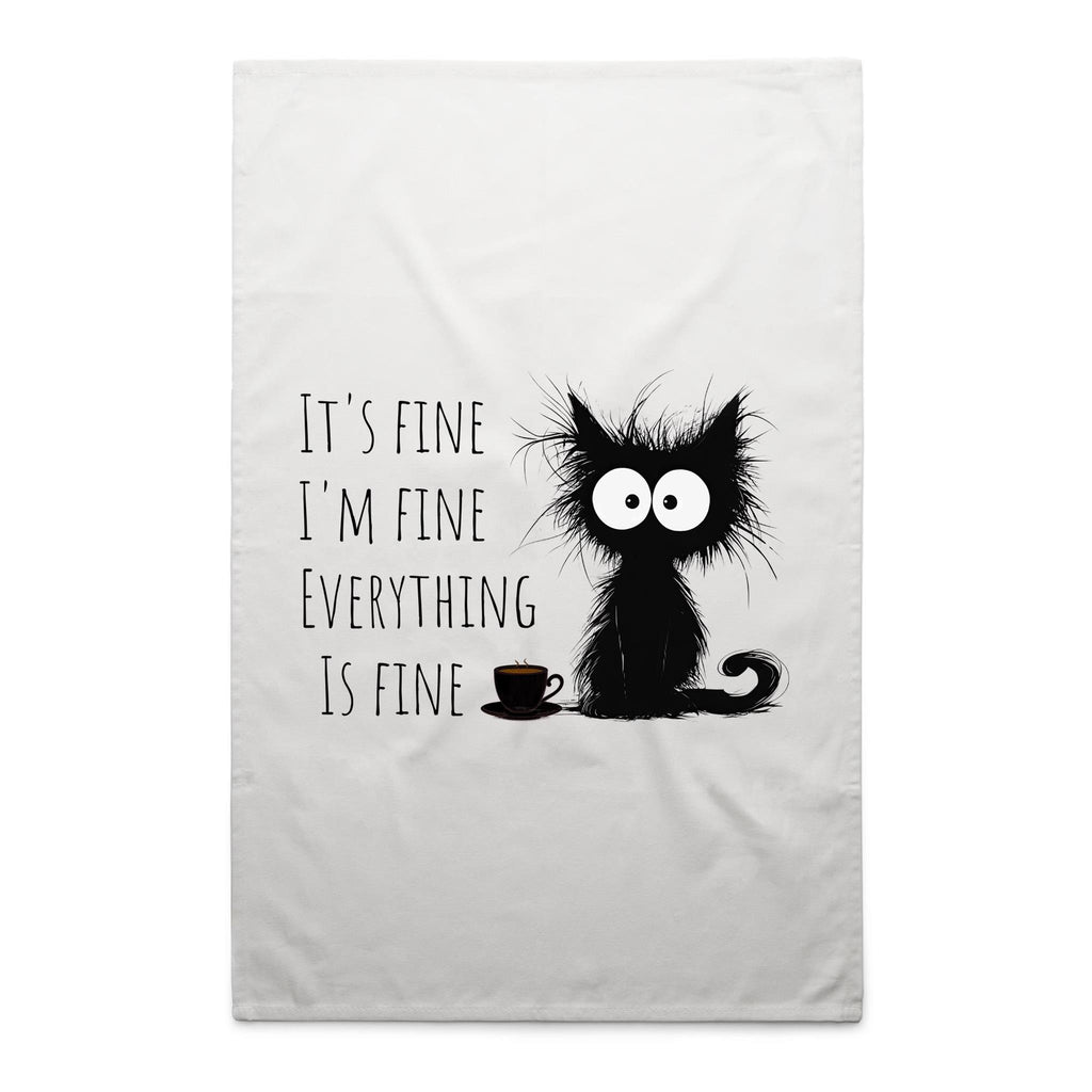 Frazzled Cat, It's Fine, I'm Fine, Everything Is Fine - AS Colour Tea Towel White One Size Tea Towel animal Printed In Australia