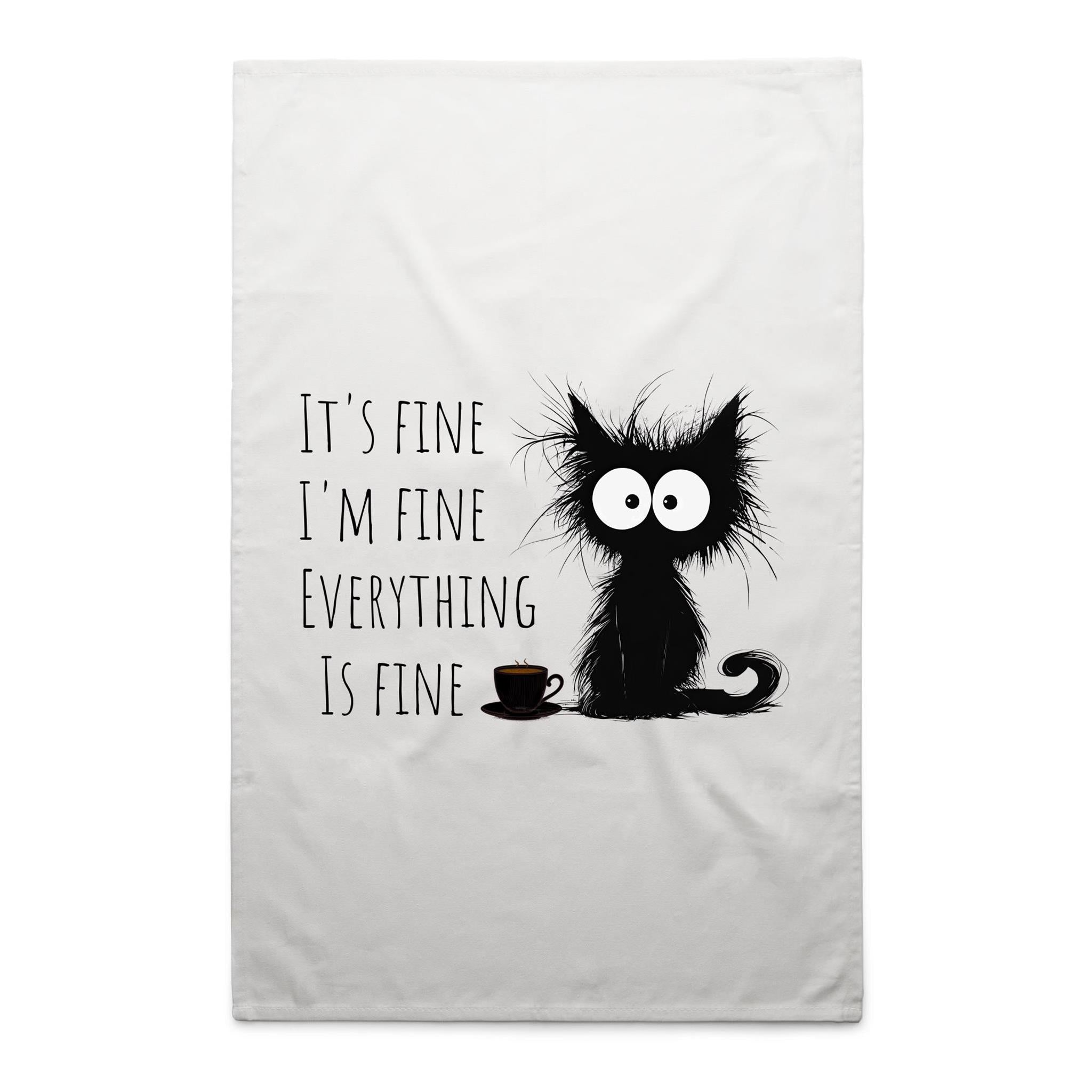 Frazzled Cat, It's Fine, I'm Fine, Everything Is Fine - AS Colour Tea Towel White One Size Tea Towel animal Printed In Australia