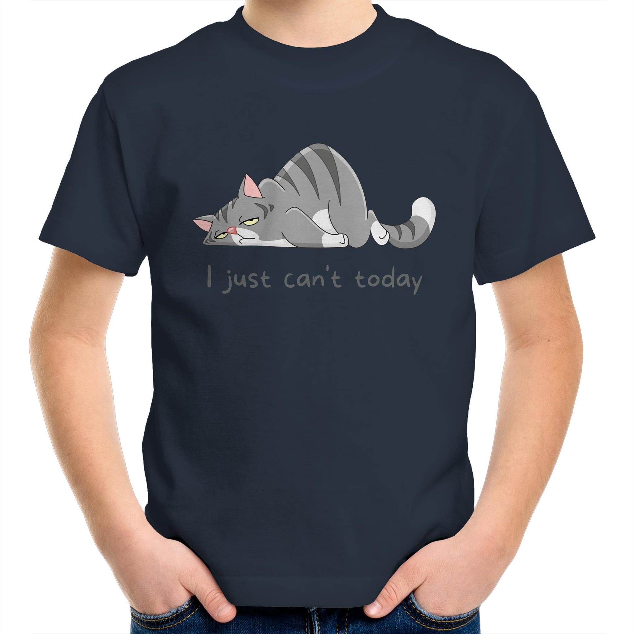 Cat, I Just Can't Today - Kids Youth T-Shirt Navy Kids Youth T-shirt animal Printed In Australia