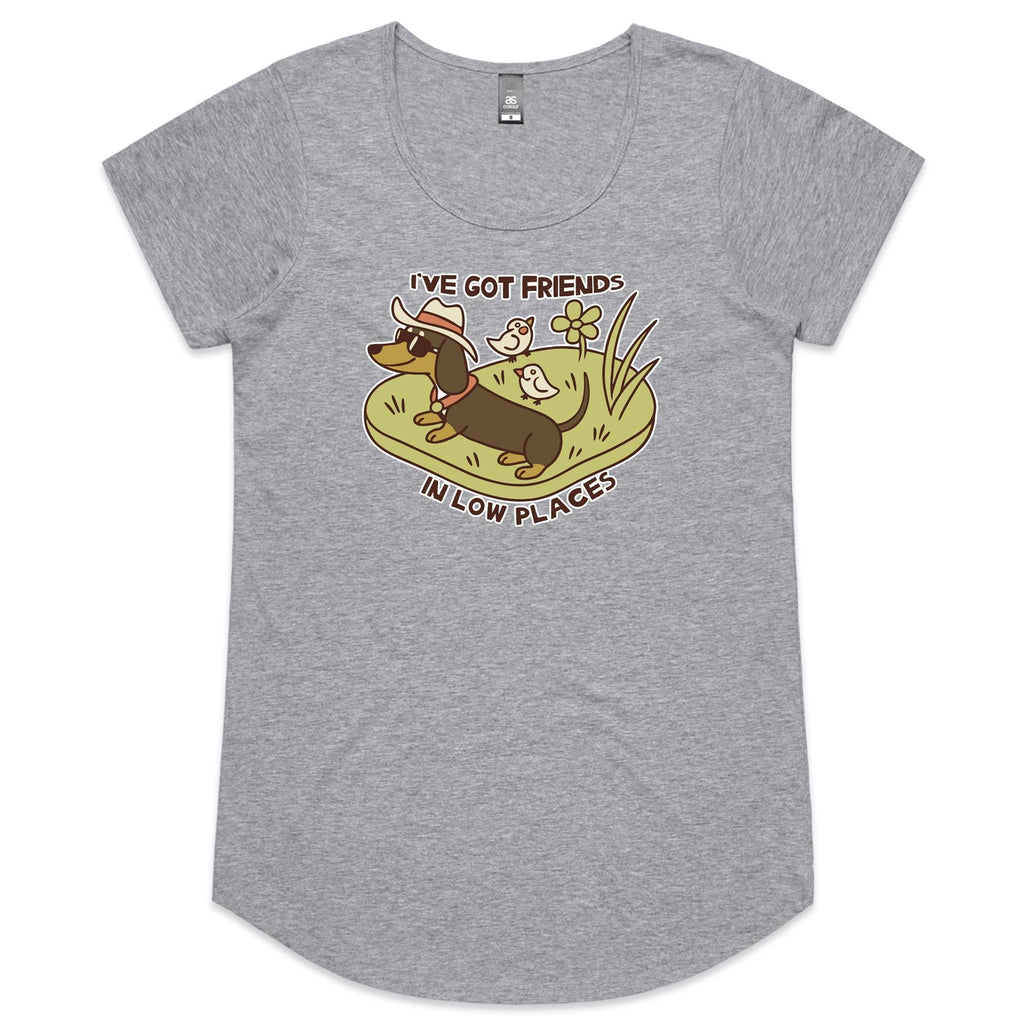 Dachshund, I've Got Friends In Low Places Women's AS Colour Scoop Neck T-Shirt Grey Marle Womens Scoop Neck T-shirt animal Printed In Australia