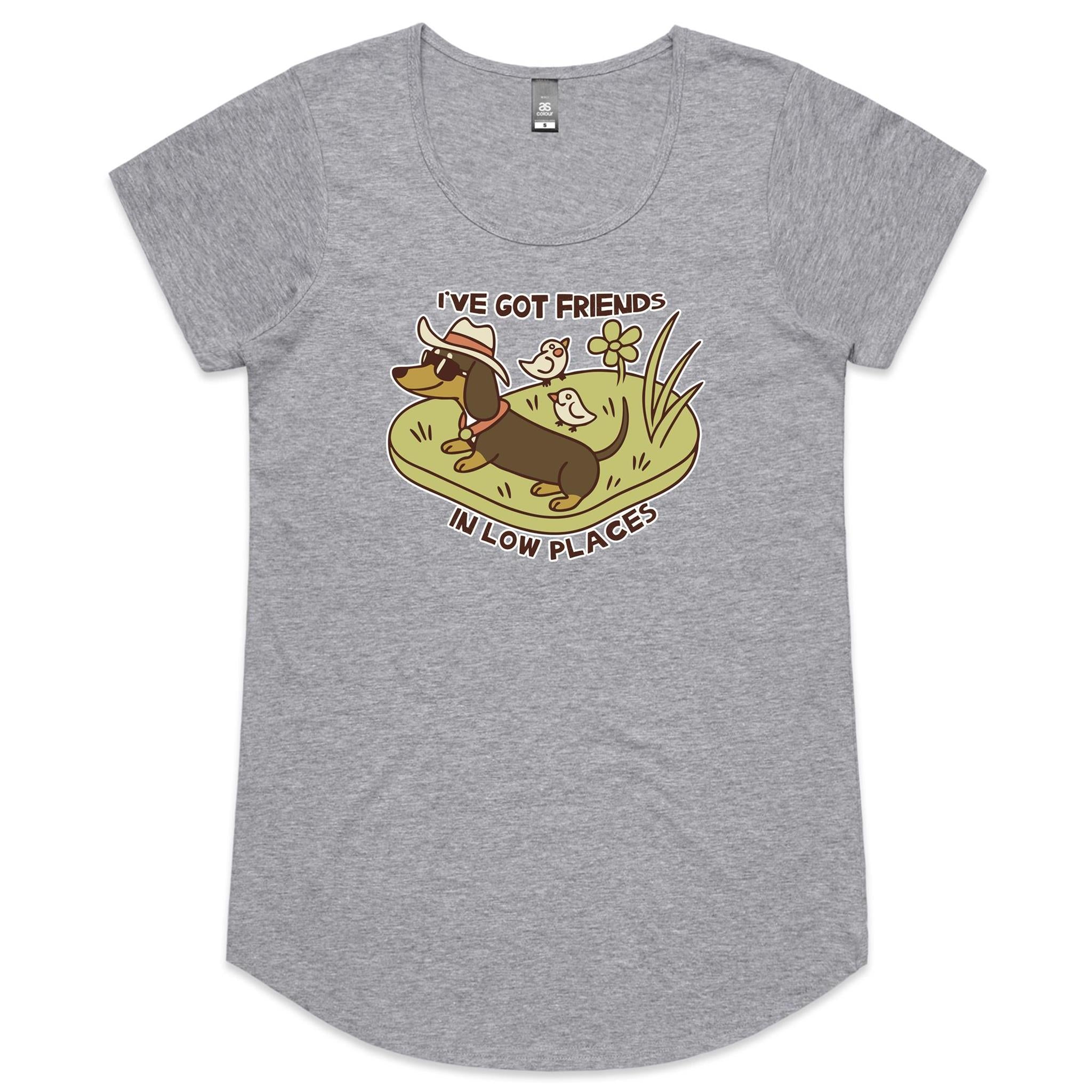 Dachshund, I've Got Friends In Low Places Women's AS Colour Scoop Neck T-Shirt Grey Marle Womens Scoop Neck T-shirt animal Printed In Australia