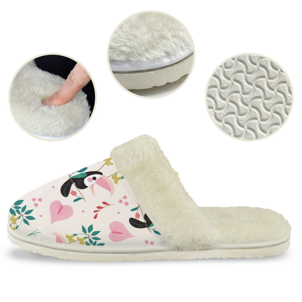 Toucans In Pink Women's Fur Trim Thick-Sole Indoor Slippers Women's Fur Trimmed Slippers animal Printed Offshore