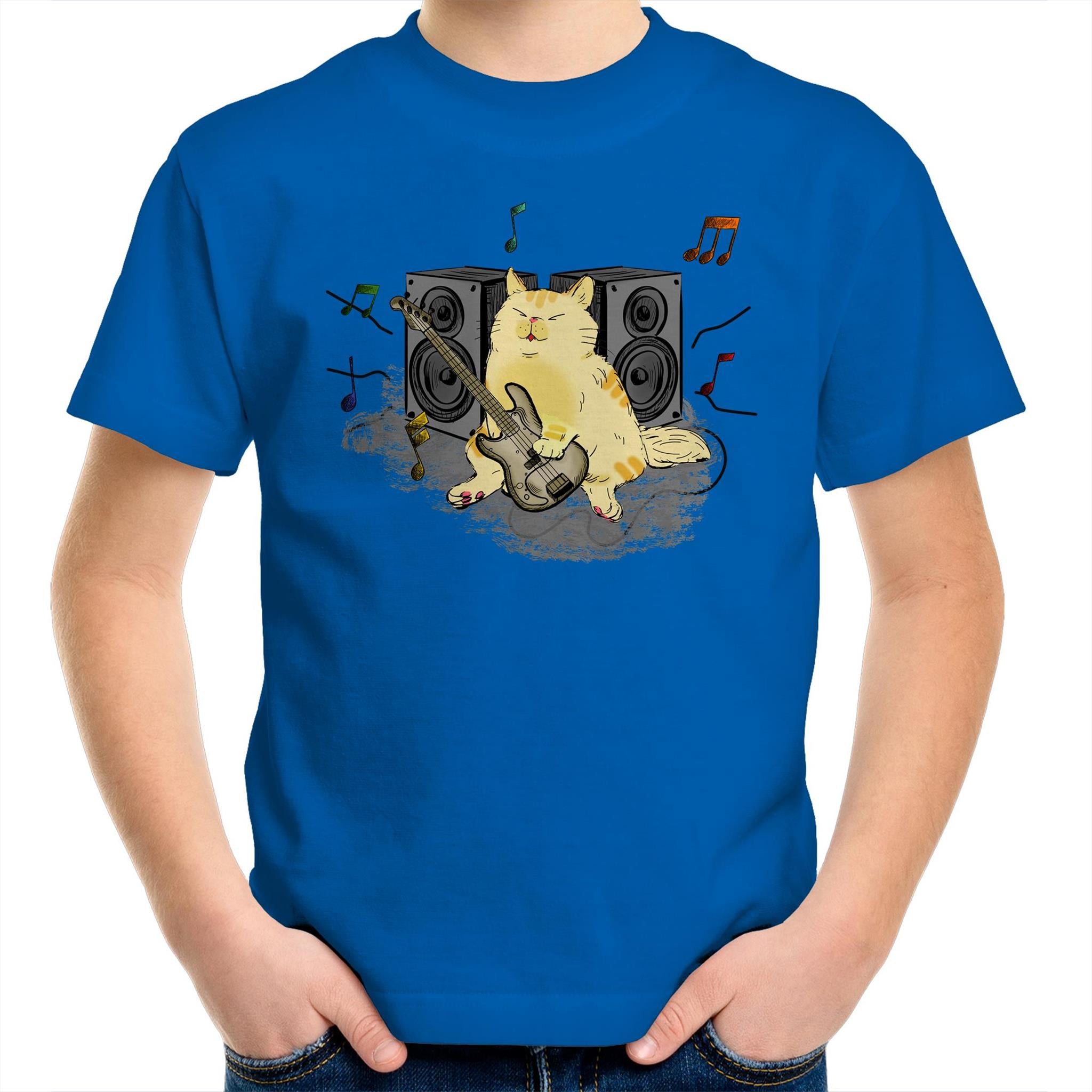 Cat Bass Player - Kids Youth T-Shirt Bright Royal Kids Youth T-shirt animal Music Printed In Australia