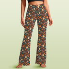 Abstract Floral On Brown High Waist Crossover Tummy Control Flare Leggings