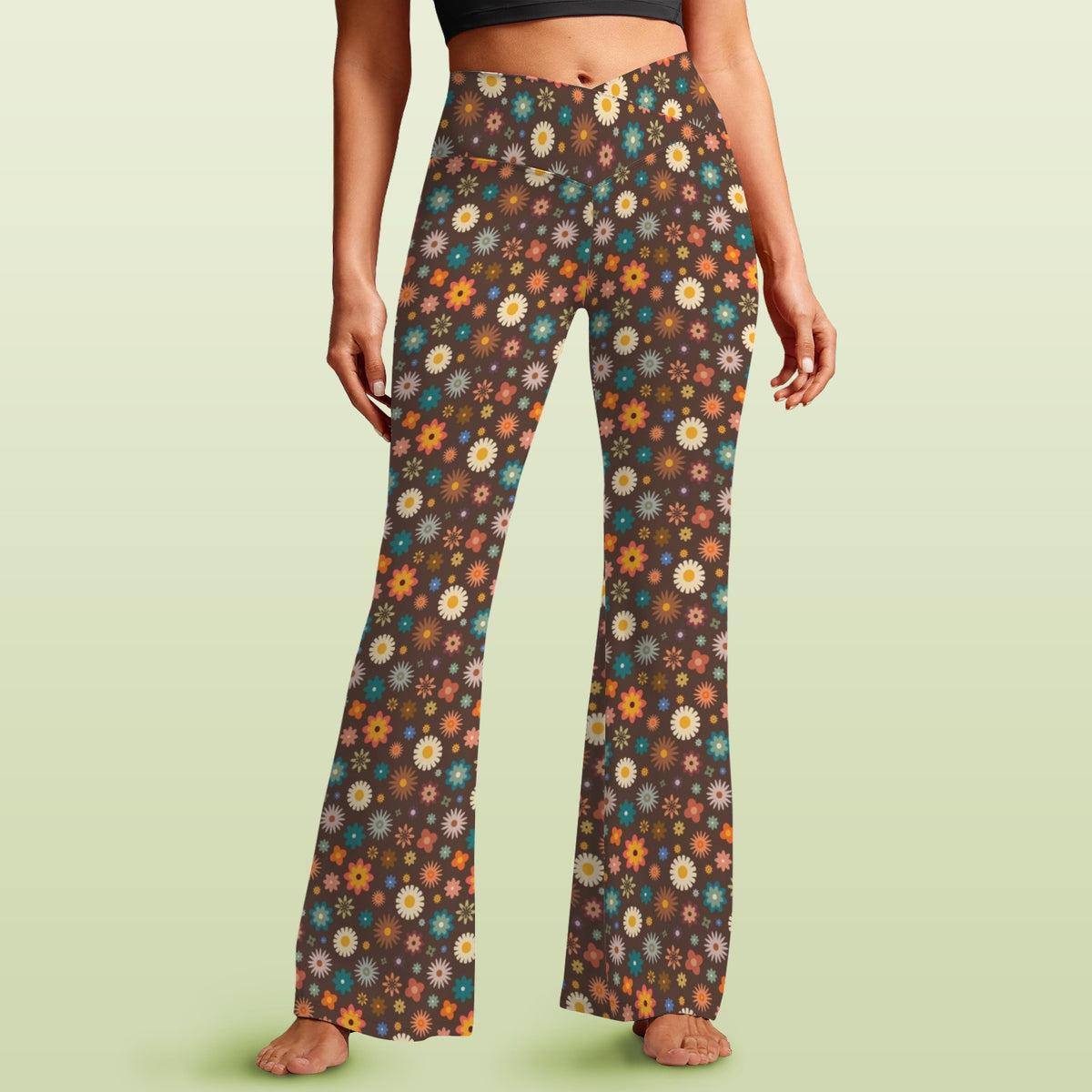 Abstract Floral On Brown High Waist Crossover Tummy Control Flare Leggings
