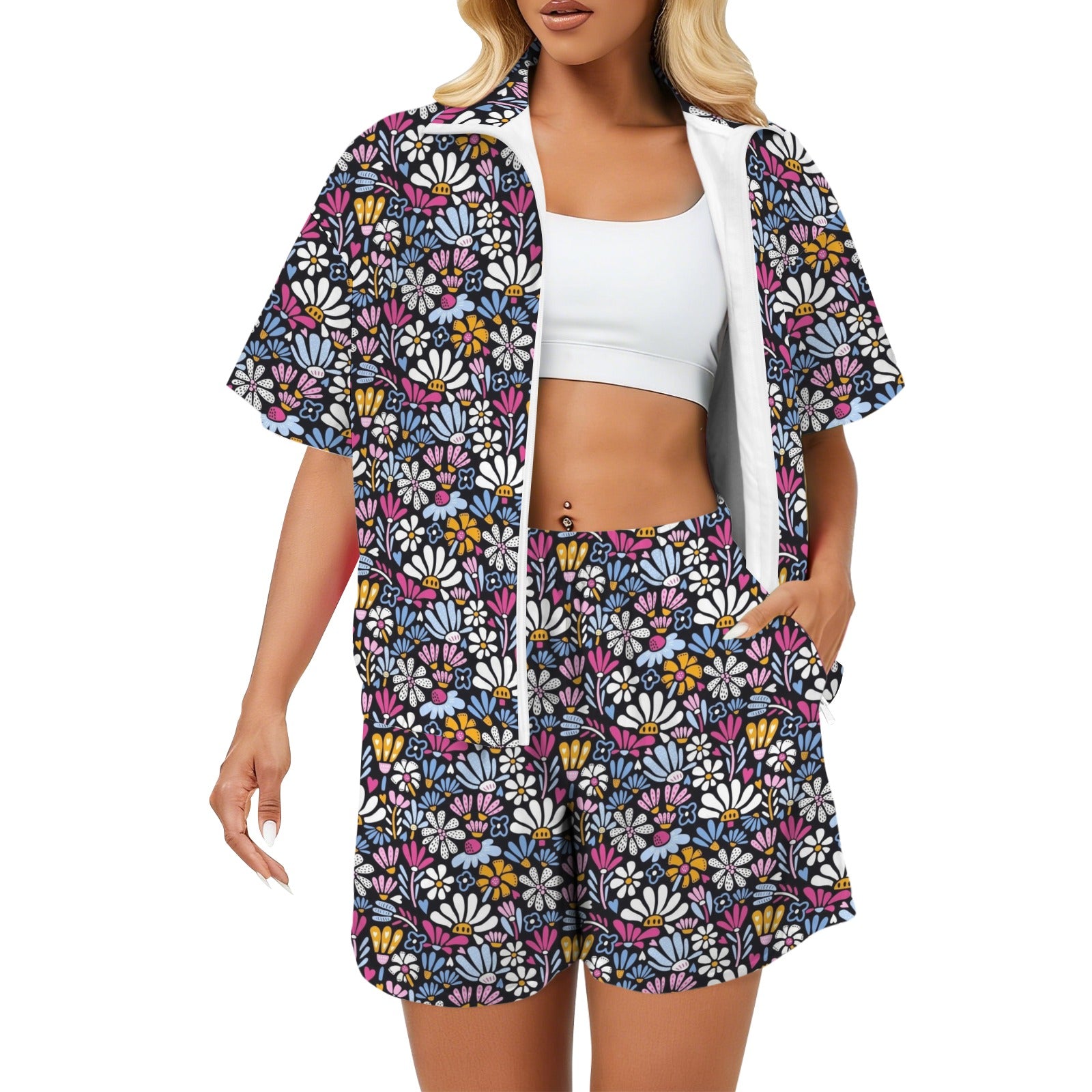 Graphic Flowers On Black Women's Windbreaker Short Set 2XL Women's Windbreaker Short Set Plants Printed Offshore